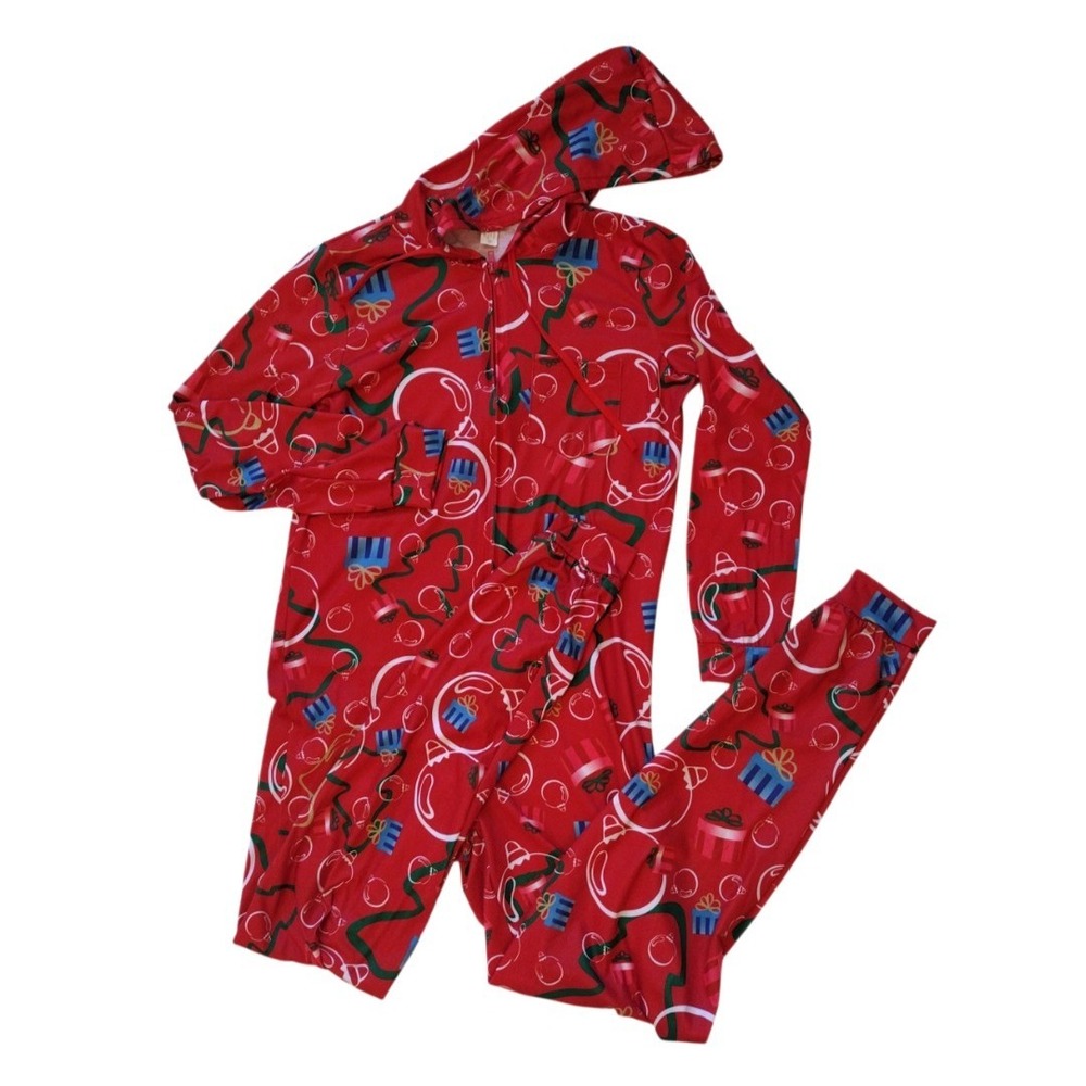 Red Christmas One Piece Hoodie Pajama Unisex Medium AOP With Ornaments Bells‎